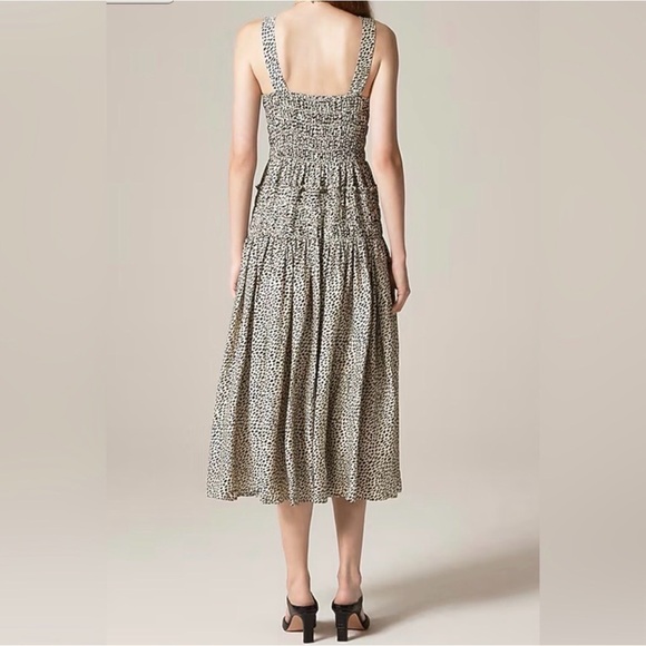 J. Crew Black and White Smocked Midi Dress with Tiered Skirt spots - Picture 4 of 6